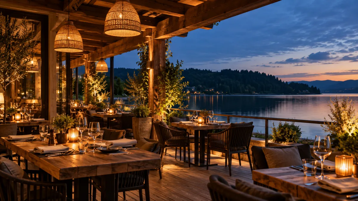 Überdachte Holzterrasse mit gedeckten Tischen und Korblampen, dahinter der See in der Abenddämmerung